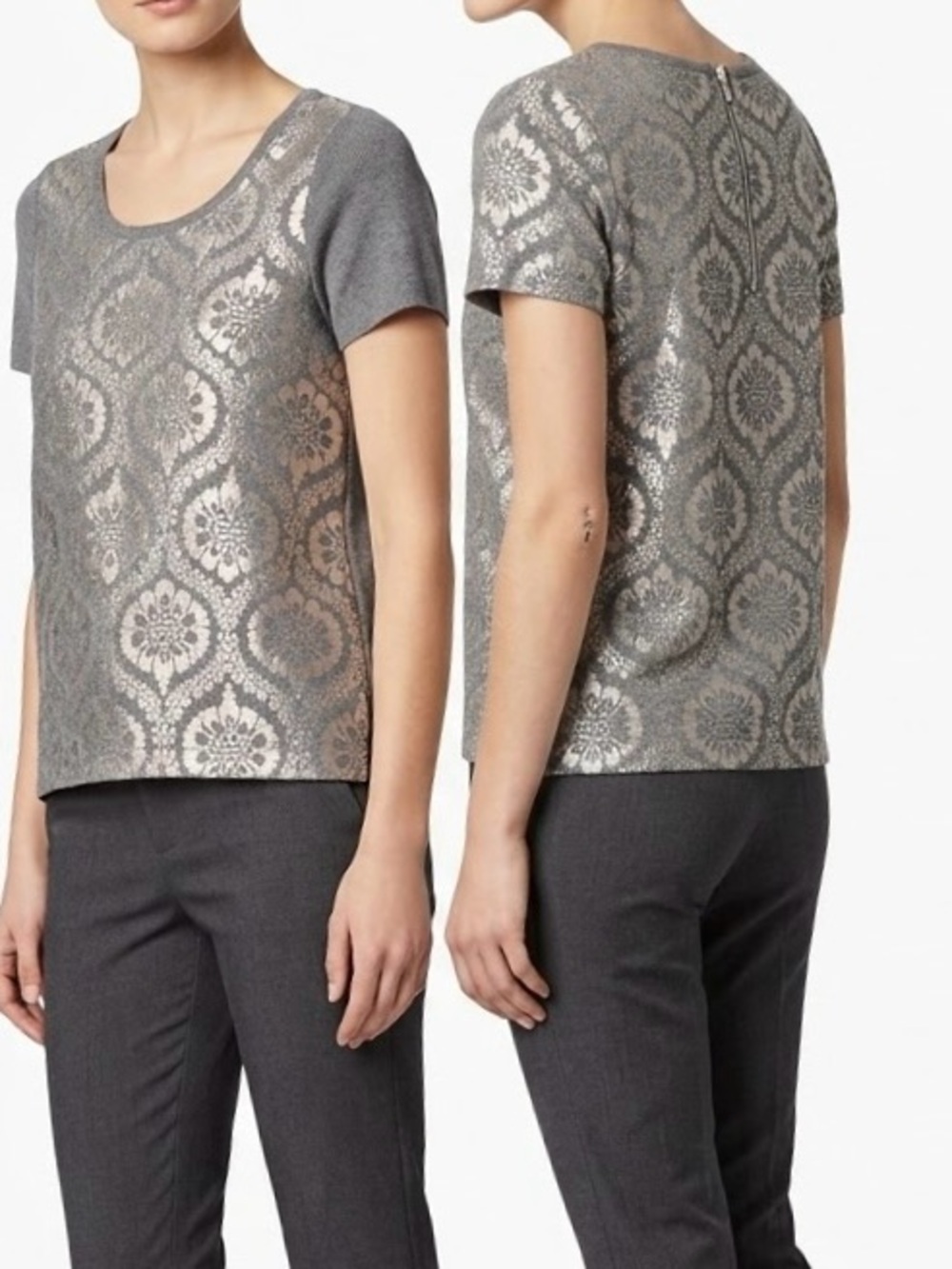 MOTH Anthropologie Silver Metallic Damask Short-Sleeve Sweater Tee Top — #LHP